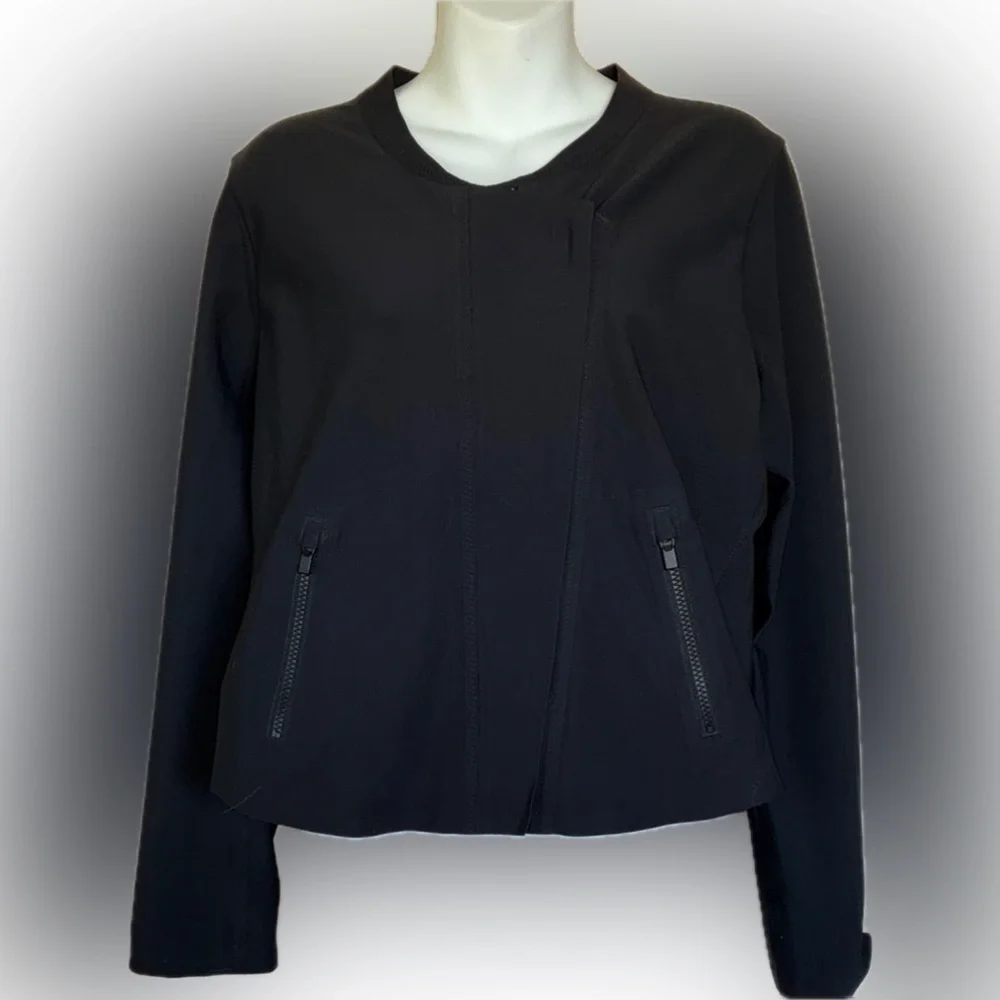 ATHLETA Black Jacket, Edgy & Sleek, offset zipper detail, lightweight. L - Picture 4 of 16